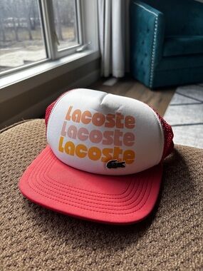 Lacoste Trucker Hat in White and Coral with Logo